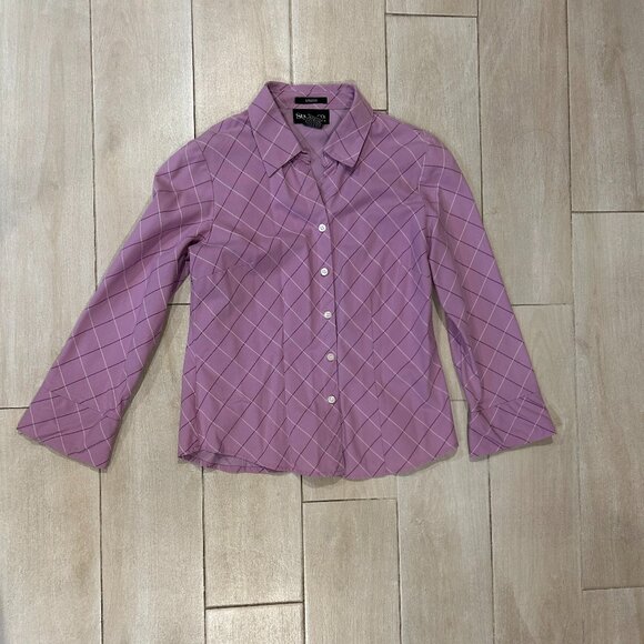 Style & Co. Petite Lilac Diamond Check Jacquard 34 Sleeve Button Top Blouse 6P C - Picture 2 of 8